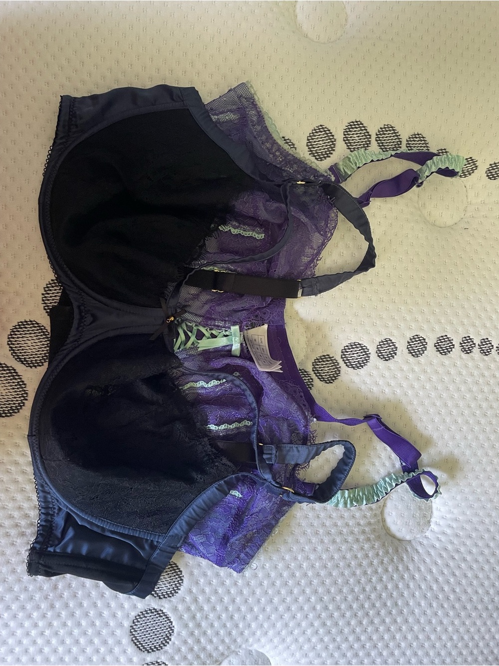 2 piece set -Purple Lace Underwire Bra with Mint Accents, black and blue bra